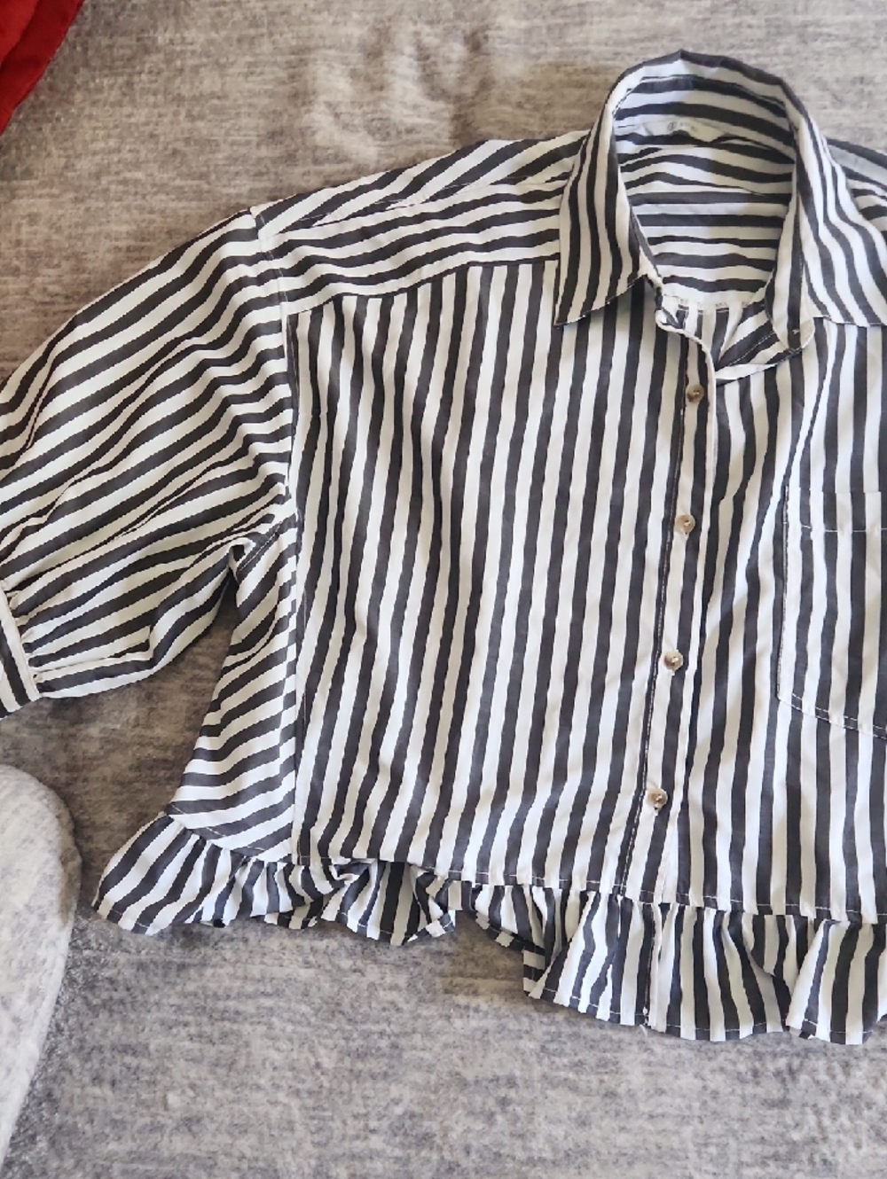 Women’s Black and White Stripe Ruffle Hem Blouse - Picture 3 of 3